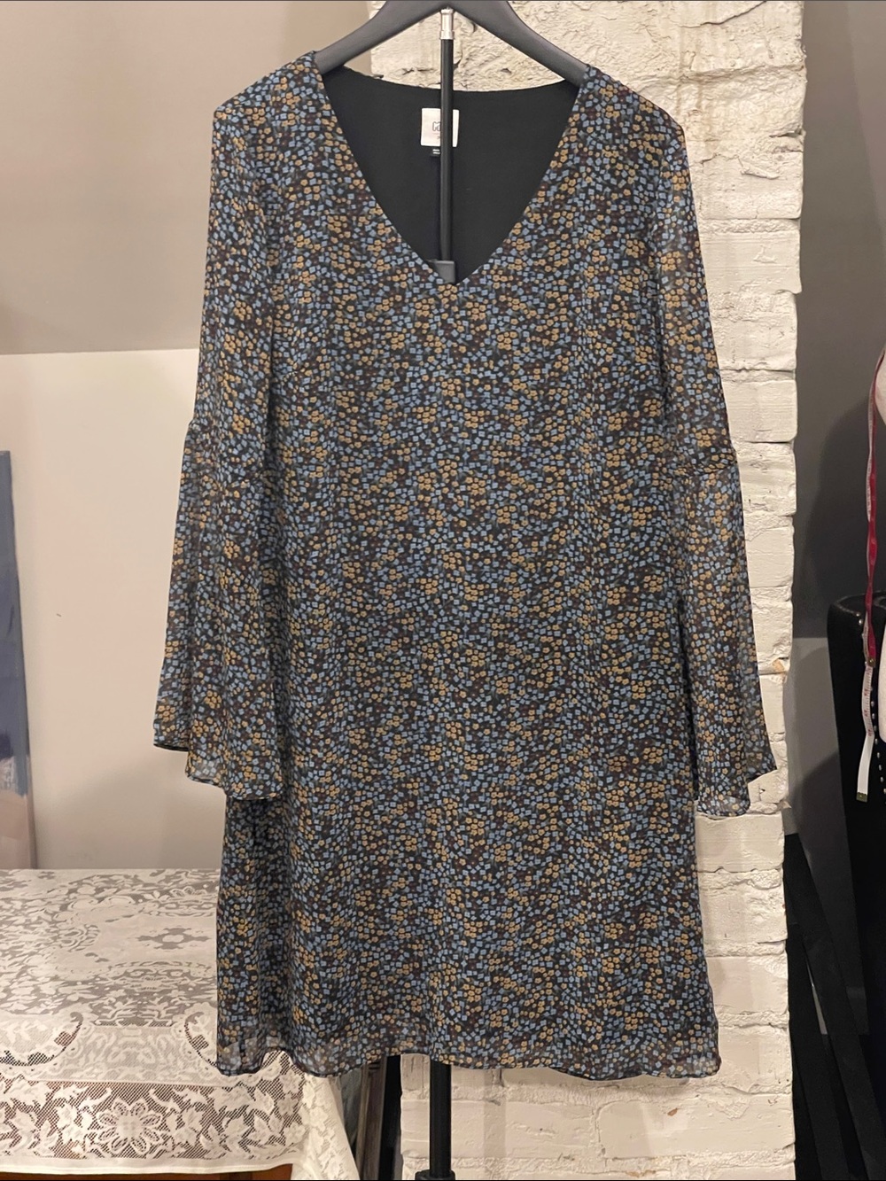 CAbi Blue and Brown Floral V-Neck Long Sleeve Dress